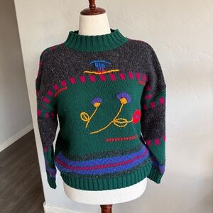 Vintage NUNU Sport 80s Green Knit Floral Embroidered Sweater. Woman’s Large